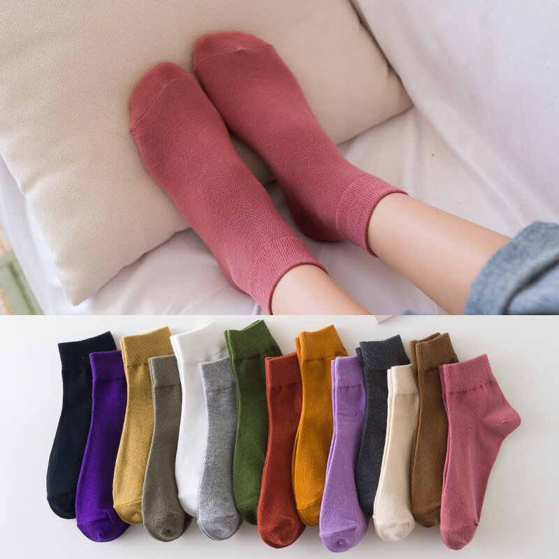 3Pairs Pack Ankle Socks for Women Crew Long Breathable Casual Cotton Black White Fashion Solid Colors Spring Autumn Calcetines