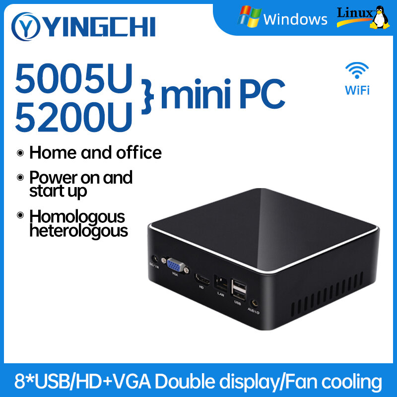 YINGCHI komputer Mini Win10 1000M LAN Core i3-5005U/i5-5200U HD-MI VGA 128G 256G SSD WiFi PC meja kecil