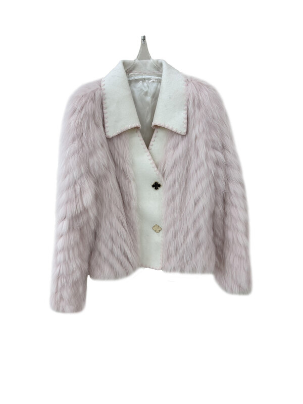 Fur coat lapel short loose version of the collision colour single-breasted design warm and comfortable 2024 winter new 0105
