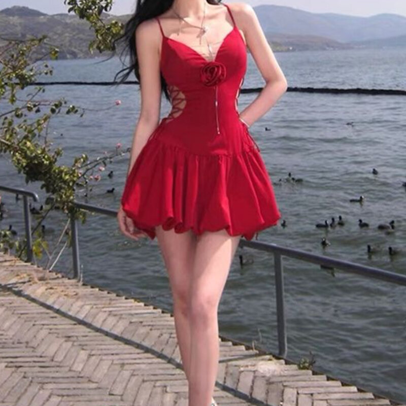 Красные сексуальные элегантные платья HOUZHOU, женская черная кокетка, слитное боди, Короткое мини-платье без рукавов, милое платье Y2k