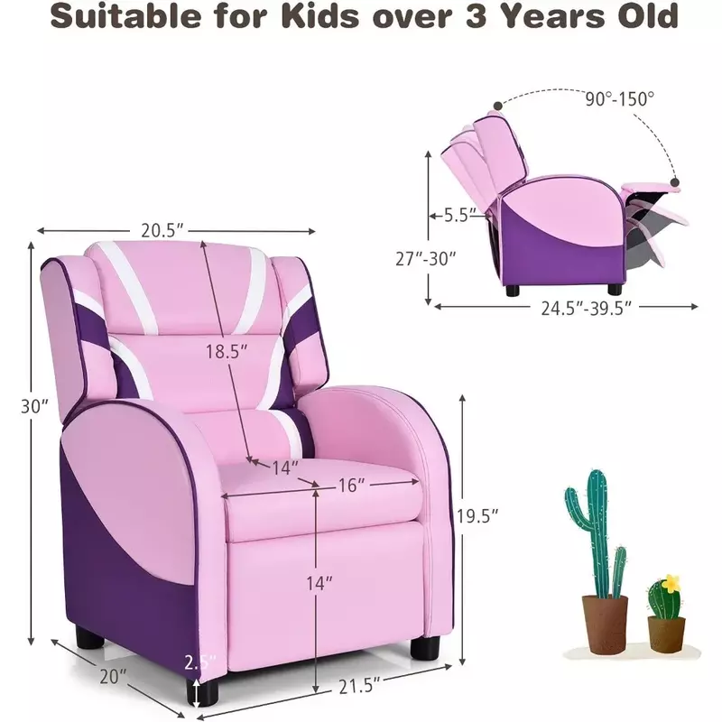 오토만 어린이 소파, 팔걸이, 머리 받침 및 요추 지지대, 조정 가능한 유아 소파, 남아 및 여아용 안락 의자 (핑크)