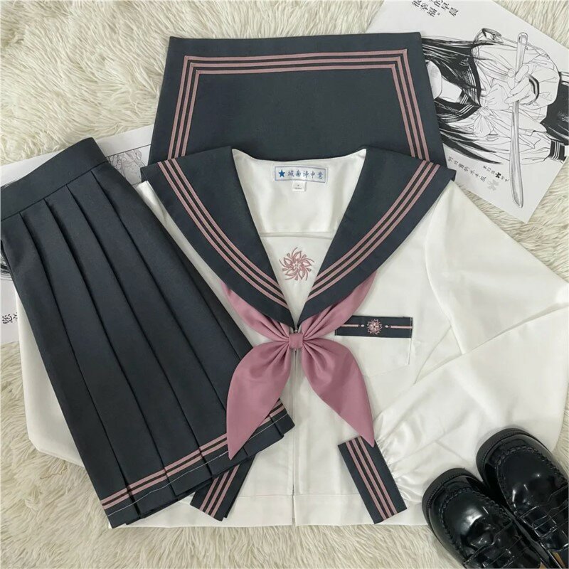 Gray JK uniform suit Japanese college style sweet long/short sleeved sailor suit pleated skirt Trendy girl School Uniform outfit