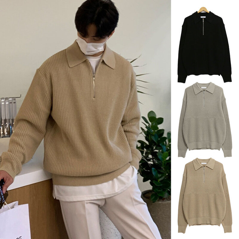 Half Zipper Sweater Men Solid Color Stripes Turn-down Collar Pullover Long Sleeve Female Casual Jumper 2023 Early Autumn Korean