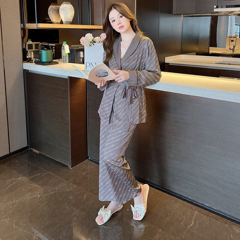 Ladies Spring and Autumn Ice Silk Pajamas Long Sleeve Robe Trousers Camisole Sleepwear Set Neo-chinese Style Casual Loungewear