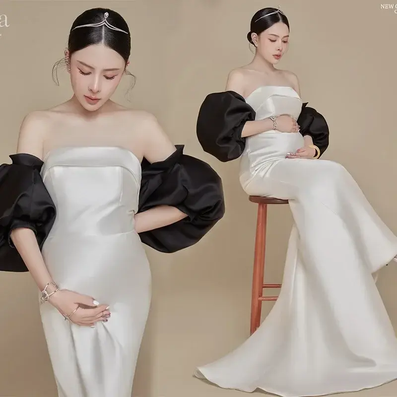 Simples cetim branco retro Gao Ding vestido, grávida foto fotografia, imitado, novo