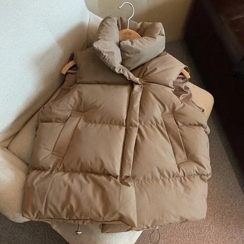 Женский хлопковый жилет с воротником-стойкой без рукавов, верхняя одежда с подкладкой, осенне-зимнее свободное облегающее повседневное теплое однотонное пальто