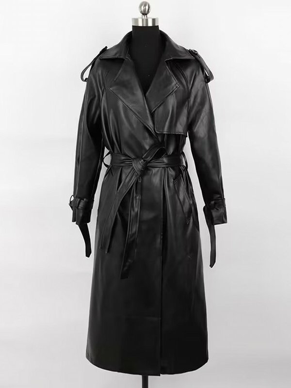 Frühling Herbst extra lange wasserdichte schwarze weiche Pu Leder Trenchcoat für Frauen Gürtel boden langen Luxus mantel