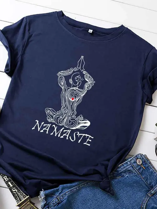 Женская футболка с принтом NAMASTE Yoga, Женская свободная футболка с коротким рукавом и круглым вырезом, летняя женская футболка, Топы, женские футболки
