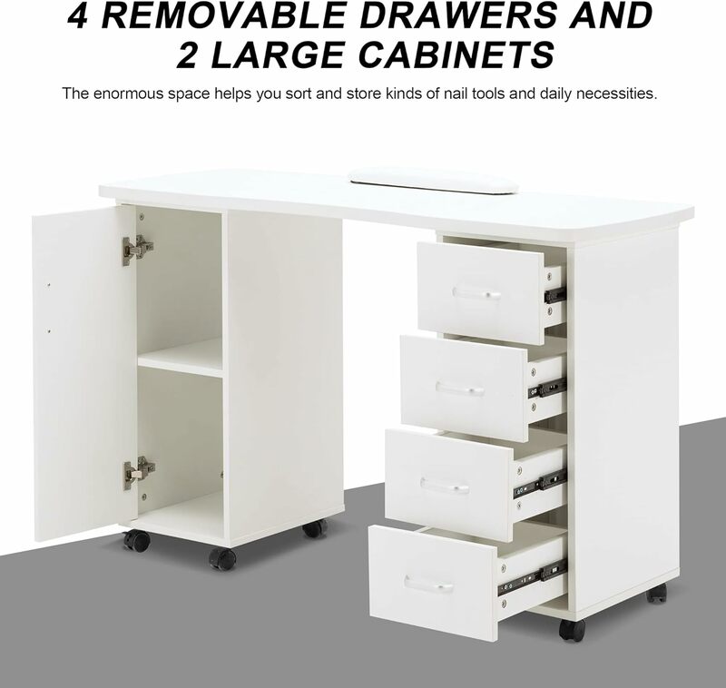 BarberPub Manicure Table, Acetone Resistant Nail Desk, Nail Table with 4 Drawers, 2 Cabinet, Lockable Wheels, Wrist Pad,