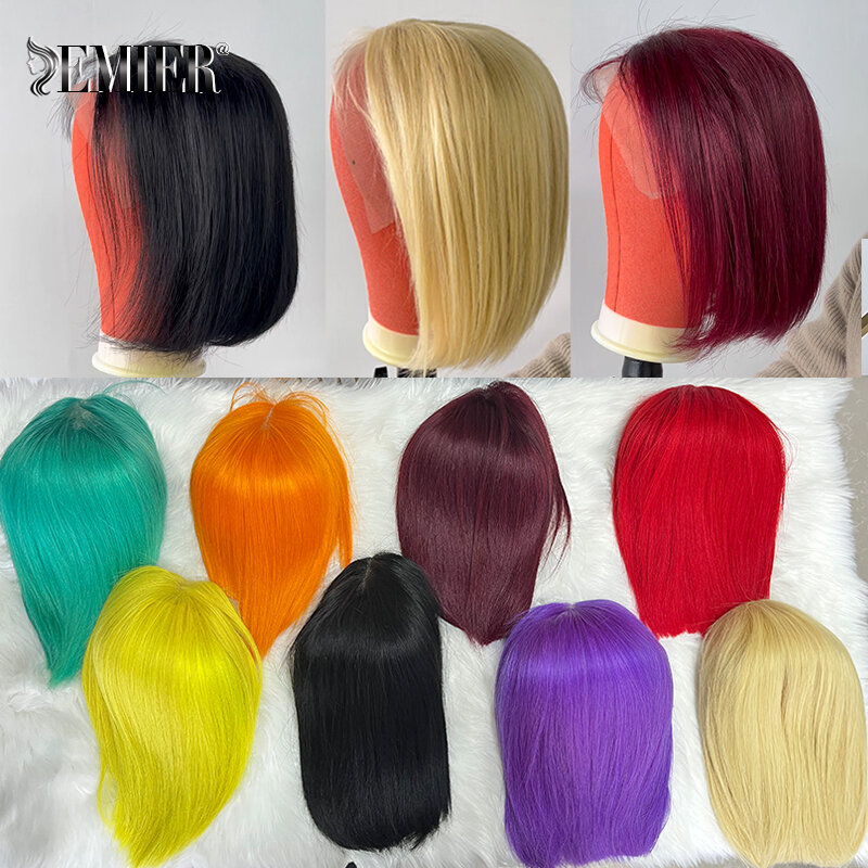 Perruque Bob Lace Front Wig 613 brésilienne naturelle, cheveux courts lisses, 13x4, bleu/rouge/violet/P4/27/ 99J/ Highlight, 180%