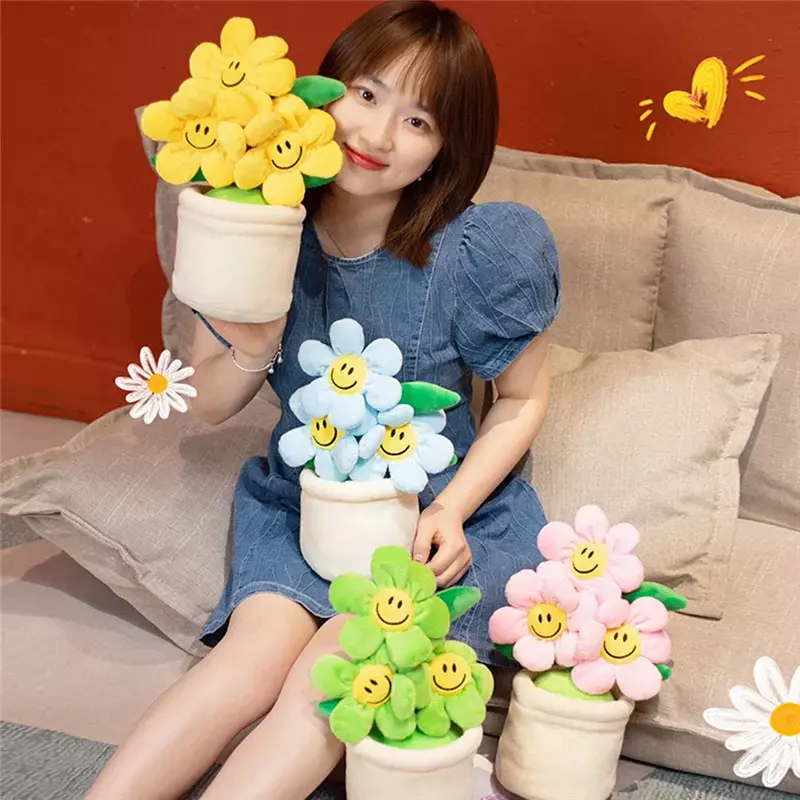해바라기 화분 봉제 장식 PP 면 박제 부드러운 식물 다채로운 웃는 꽃 홈 장식, 숙녀 선물, 30cm