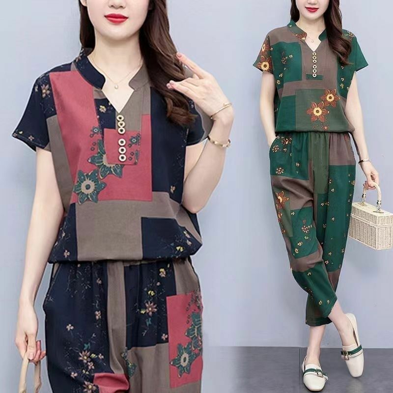 Women's Fashion Suit Printed With Loose Tops And Pants 2 Piece Sets 2024 Summer New Casual Slimming Plus Size Clothing For Women