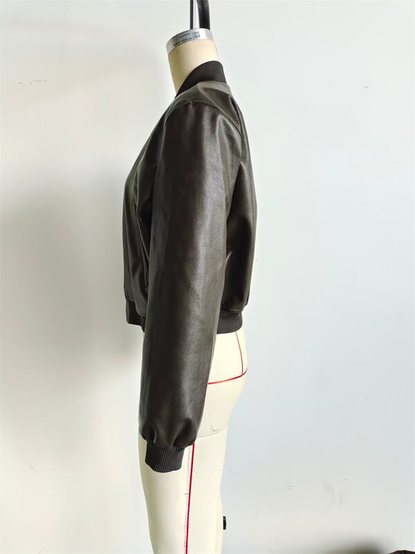 Женское пальто из искусственной кожи с воротником-стойкой, на осень/зиму