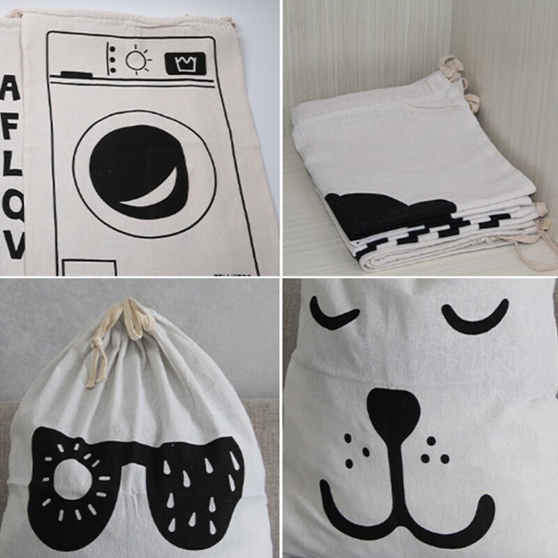 47x60cm Cotton Canvas Storage Bag Animal Stripe Pattern Laundry Bag Drawstring Organizer Bag Closet Basket Home Organization