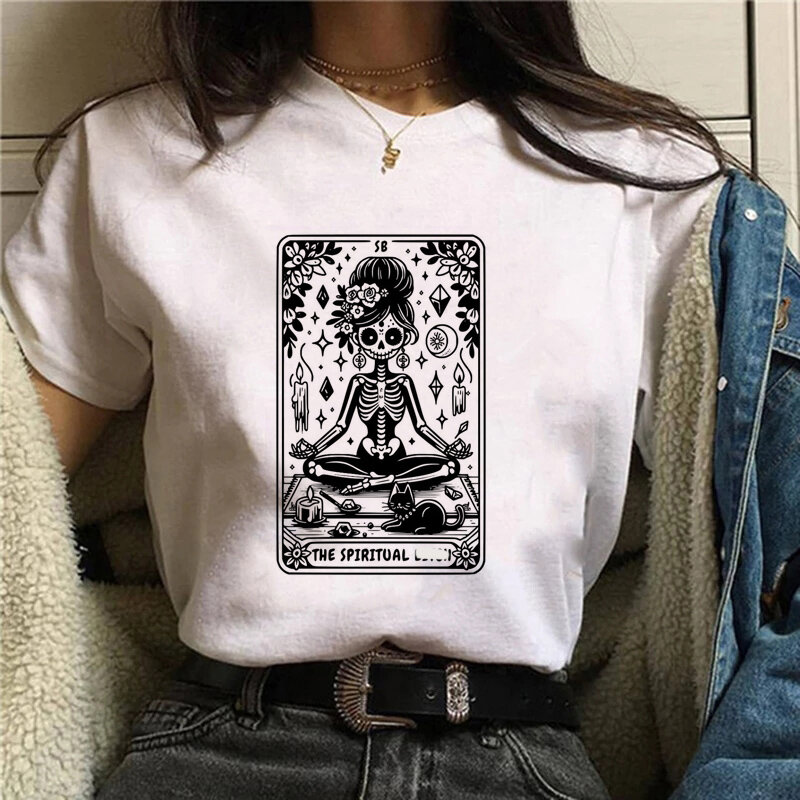 Topy Femme śmieszne koszulki Kawaii bluzki damskie koszulka karty do tarota damska koszulka kreskówka magik czarna koszulka