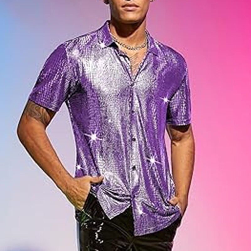 Camisa de manga corta para hombre, camisa brillante de Color sólido con cuello vuelto, cómoda para escenario, discoteca, fiesta y actuación, Verano