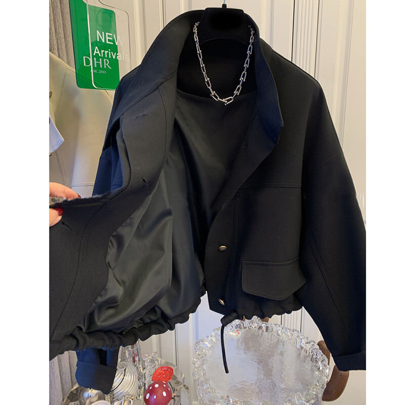 Jaqueta curta de gola em pé feminina, trench coat de cordão com bainha, blusão casual, jaqueta alta, popular, nova, primavera, outono, 2022