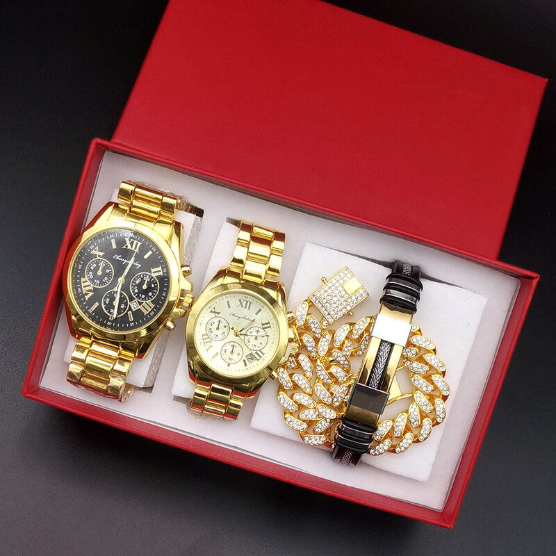 4 szt. Zestaw luksusowych stalowych zegarków kwarcowych dla miłośników mody męski zegarek dla zegarek dla pary z bransoletkami na prezent dla kochanka