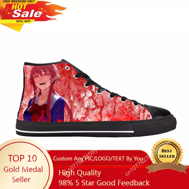 Anime Jepang Manga Future Diary Gasai Yuno sepatu kain kasual lucu atasan tinggi nyaman bersirkulasi cetak 3D Sneakers Pria Wanita