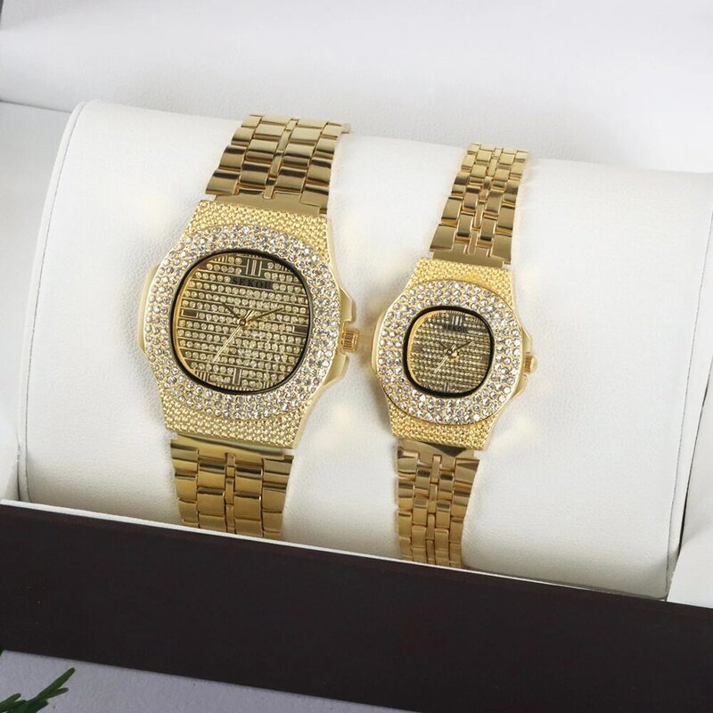 4 szt. Zestaw zegarek dla pary damski męski modny diamentowy złoty zegar zegarek na rękę i naszyjniki prezent na walentynki z pudełkiem