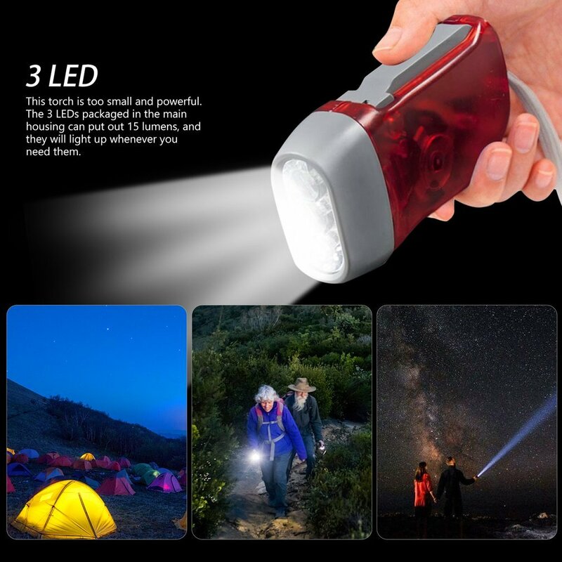 Mão Pressionando Dynamo Crank Power Wind Up Lanterna, Início Tocha, Camping Luz, Emergência ao ar livre, lâmpada portátil, 3 LED