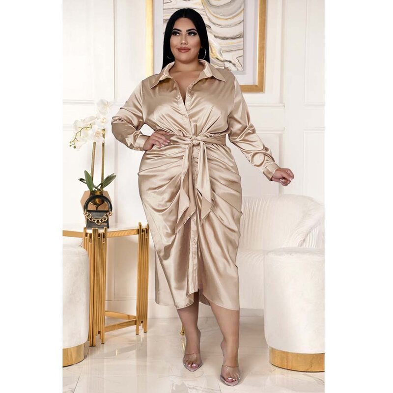 Kleid Büro Dame Midi Mode Stain Frauen Langarm Robe Große Größen Curve Weibliche Casual Plissee Weibliches Hemd Kleid Plus