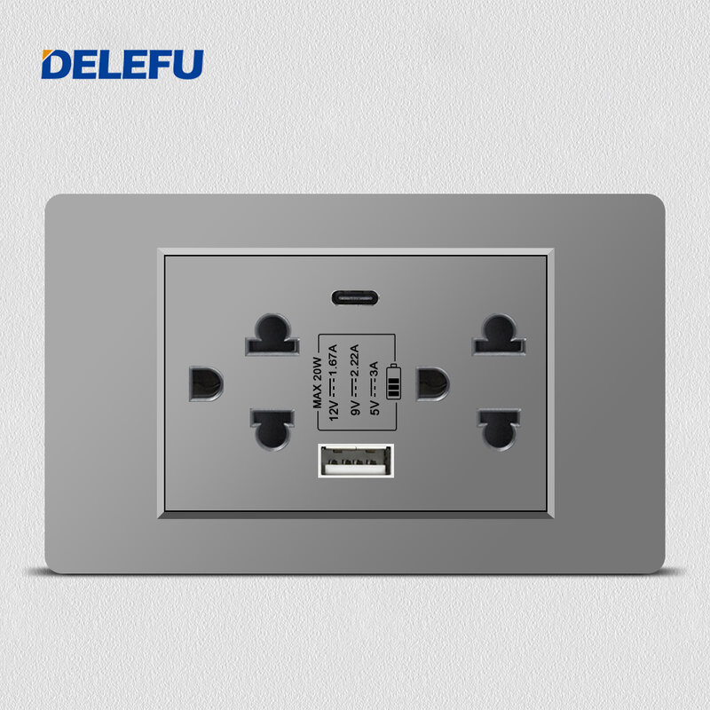 Delefu 태국 EU 표준 벽 소켓, 회색 PC 패널 USB C 충전 소켓, 벽 조명 스위치, 15A, 118x74mm, 5