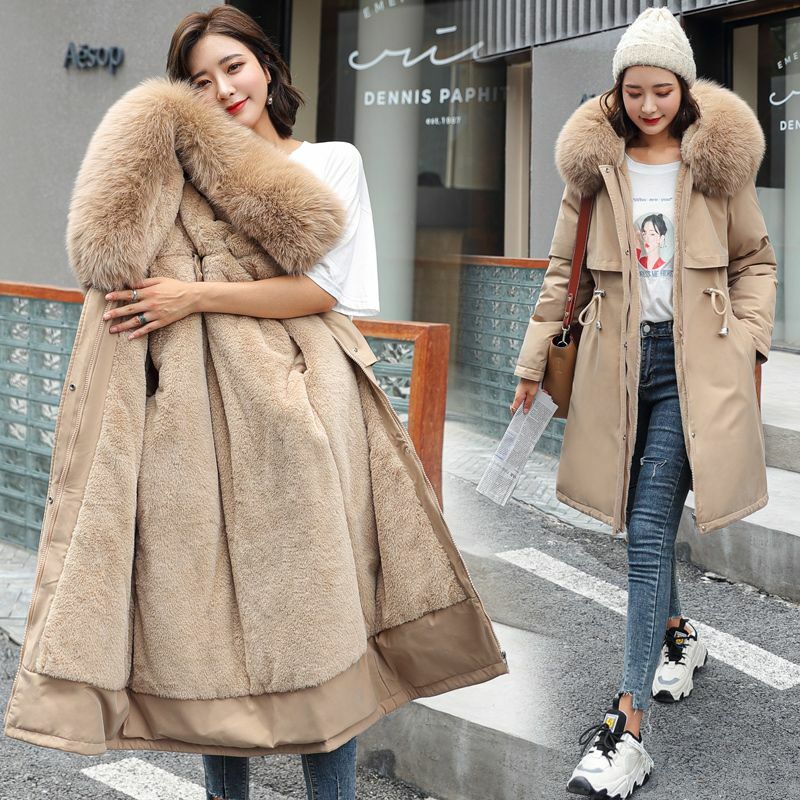 Jaket Parka wanita Korea, mantel Parka bulu ukuran besar, jaket katun hangat musim dingin 2023