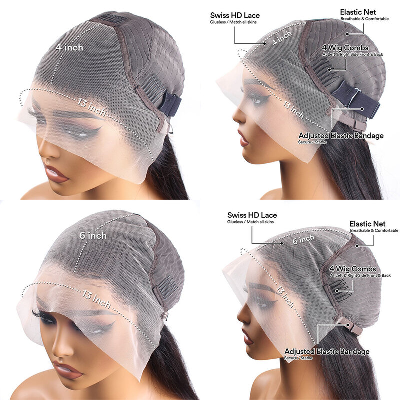 Perucas retas do cabelo humano do osso para mulheres, perucas frontais do laço Glueless HD, laço transparente, 30, 36, 40 Polegada, 13x4, 13x6