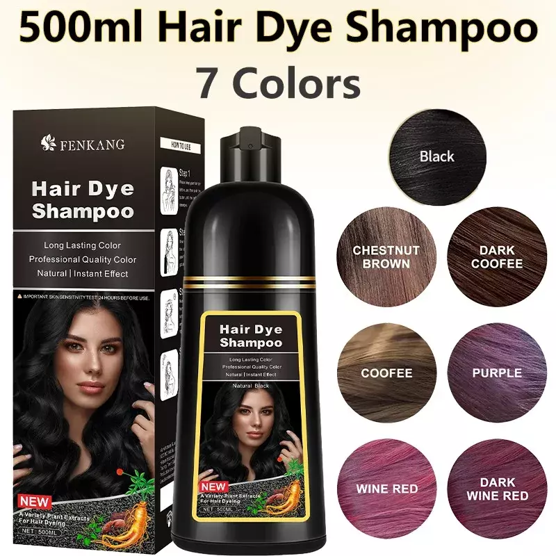 Fenkang 3in 1 Hair Dye Shampoo, Natural Black Hair Dye, Cobrindo Branco, Componentes Herbais de 7 Cores para Mulheres e Homens, 100ml, 500ml