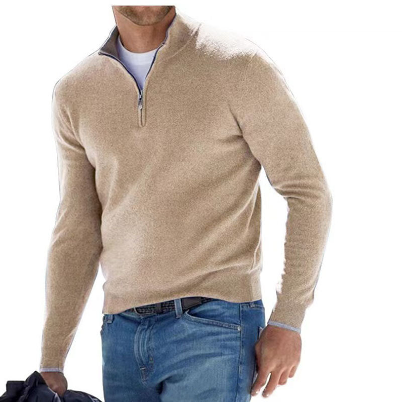 Sweatwear hangat pria, atasan hangat kasual lengan panjang warna Solid Pullover rajut setengah ritsleting 2024