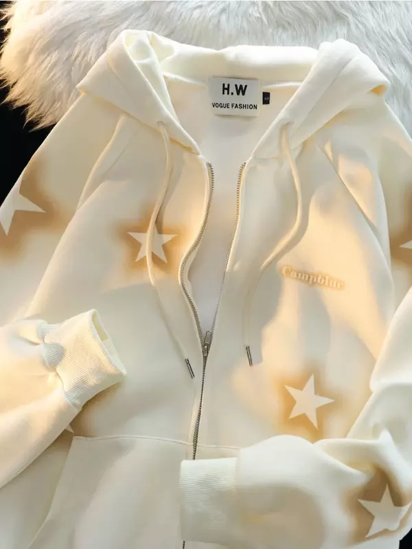 Deeptown Vintage Star Print Hoodies Women Harajuku Kpop Oversized Sweatshirts Y2K Aesthetic Zipper Tops Jacket Korean Streetwear