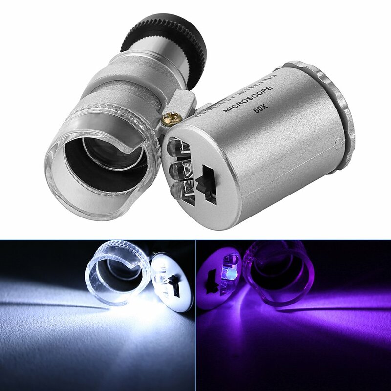 Mini testeur d'argent Portable 60X, Microscope de détection de monnaie Loupe verre LED Microscope UV