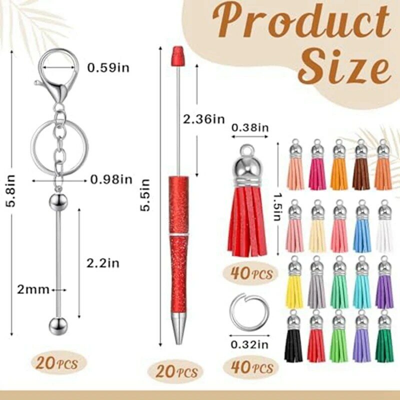 20Pcs Beaded Pens 20Pcs Beaded Keychain Rods, DIY Keychain Supplies Parts Kit With Tassels For Craft Projects