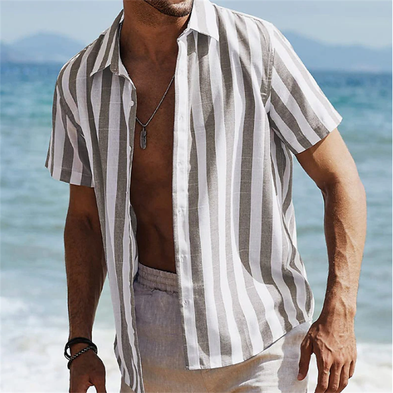 قميص شاطئ رجالي بأكمام قصيرة ، طية صدر مخططة ، ملابس مطبوعة لمنتجع الشارع ، هاواي غير رسمي ، أزياء الصيف ، 9 أنماط ، 5XL