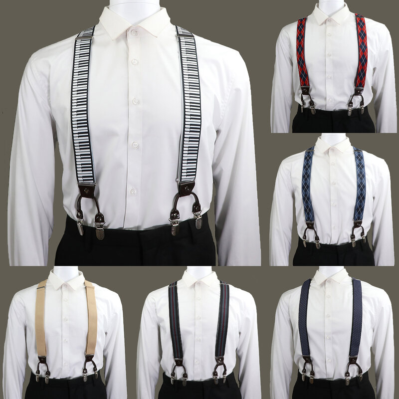 High Quality Y-Back 6 Clips Suspender For Men Classic Solid Color Striped Piano Keys Pattern Adjustable Elastic Strap Male Gift
