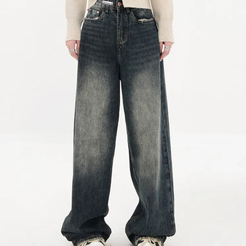 Calça jeans larga de cintura alta feminina, moda retrô, roupa de rua, calça reta solta, calça jeans, outono