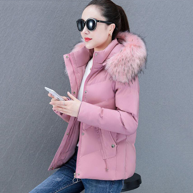 Abrigo corto ajustado de algodón para mujer, abrigo holgado de Color liso con cuello de piel, moda de invierno, novedad de 2022