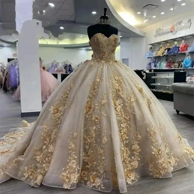 Champagne Princess Quinceanera Dresses For Girls Vestidos De 15 Anos Beading Appliques Prom Ball Gown Birthday Party Dresses