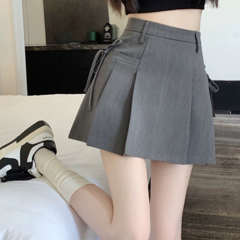 Deeptown-Falda plisada para mujer, minifalda corta con lazo, color gris, liso, informal, con cordones, color negro, básico, moda coreana