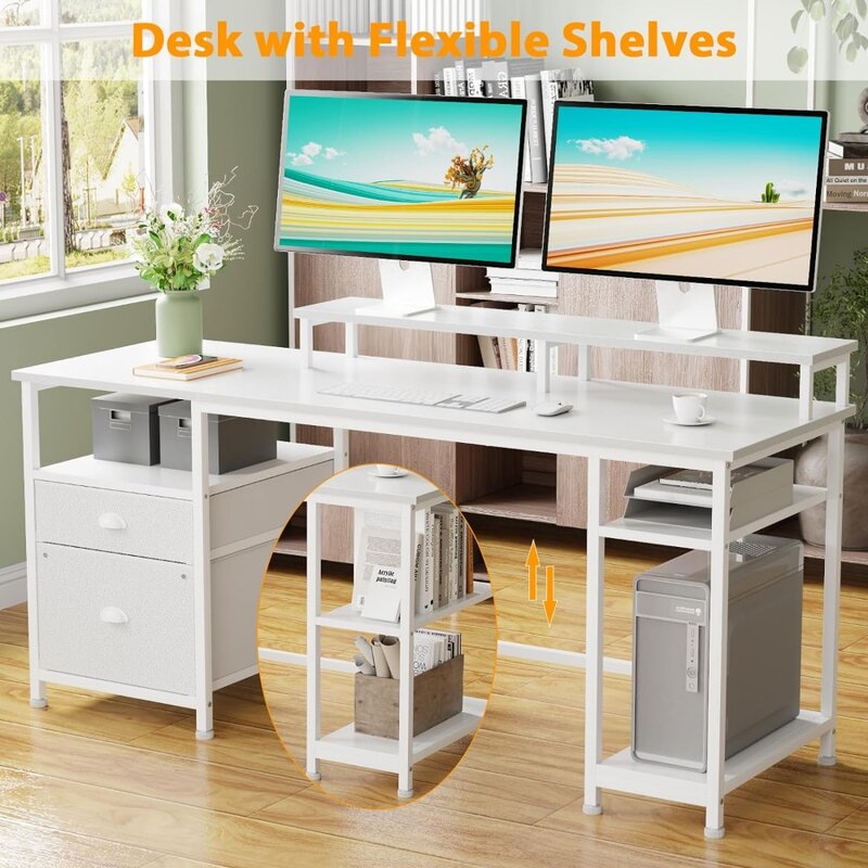 Furologee 61" Computer Desk with Fabric File Cabinet & Drawer, Reversible White Desk with Storage Shelf
