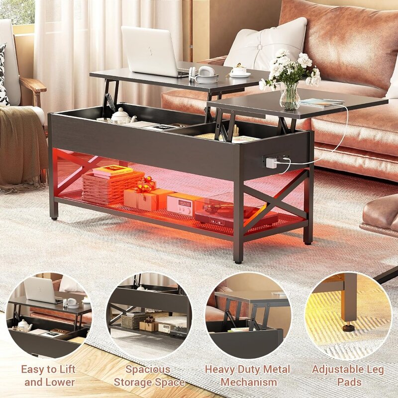 Coffee Table, Lift Top Coffee Table with Storage, LED Light & Power Outlet and Hiddepartmom, X Sod Tabletop, Metal Frame,Black