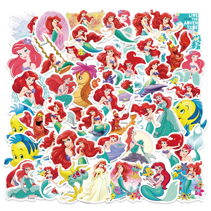 Pegatinas de dibujos animados de Disney para niños y niñas, calcomanías de sirenita, película de Anime, monopatín, guitarra, portátil, paquete de pegatinas Kawaii, 50 piezas