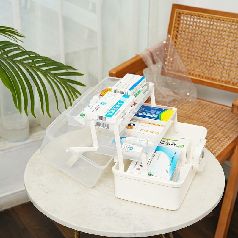 Penyimpanan obat dengan pegangan portabel ekstra besar, penyimpanan obat aman pertolongan pertama kotak 3 tingkat obat darurat