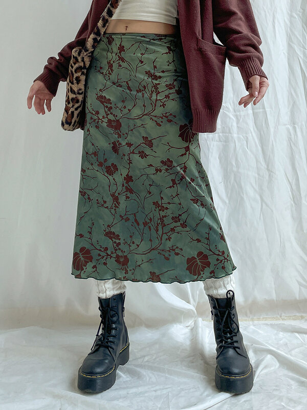 SUCHCUTE-faldas Midi con estampado Floral para mujer, falda larga recta de Estilo Vintage y2k, Harajuku, Fairycore, color verde