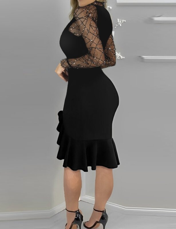 Vestido de festa sexy feminino, malha pura semi-pura, cintura alta, strass noturno, vestidos babados, roupas femininas, outono, 2023