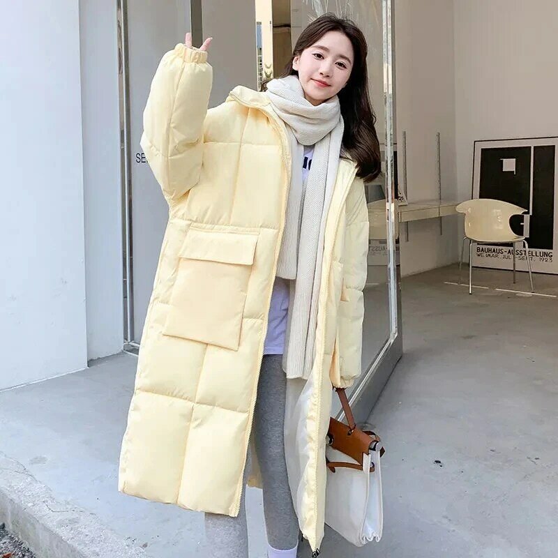 Veste longue en coton à capuche pour femmes, vêtements d'extérieur pour femmes, manteau de bureau, mode coréenne, optique, nouveau, hiver, 2023