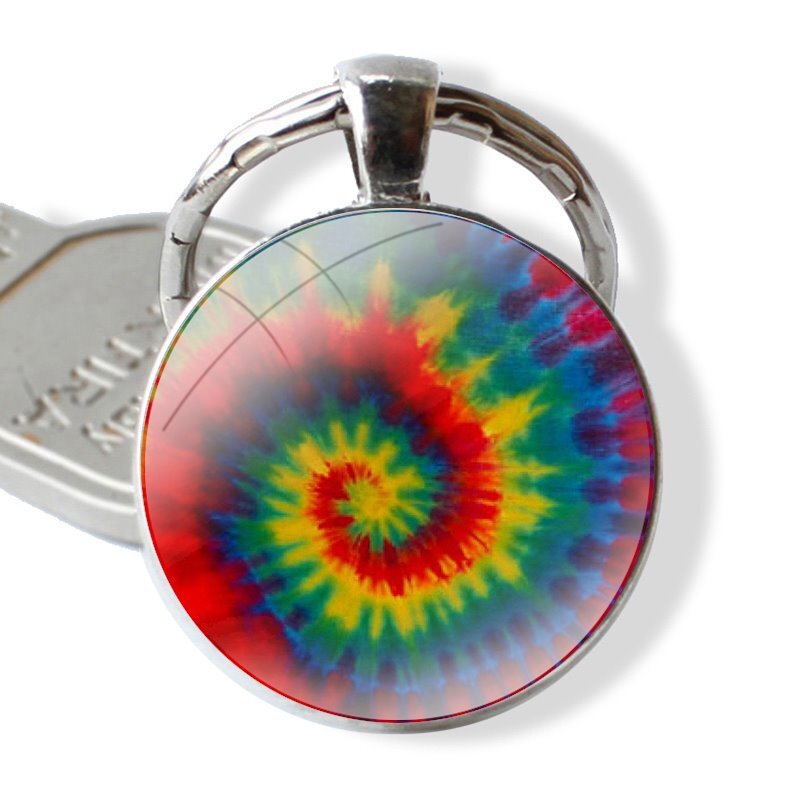 Brelok do kluczy Ręcznie robiony szklany kaboszon Breloczek do kluczy Breloki do kluczy Tie Dye Wzór Batik Rainbow