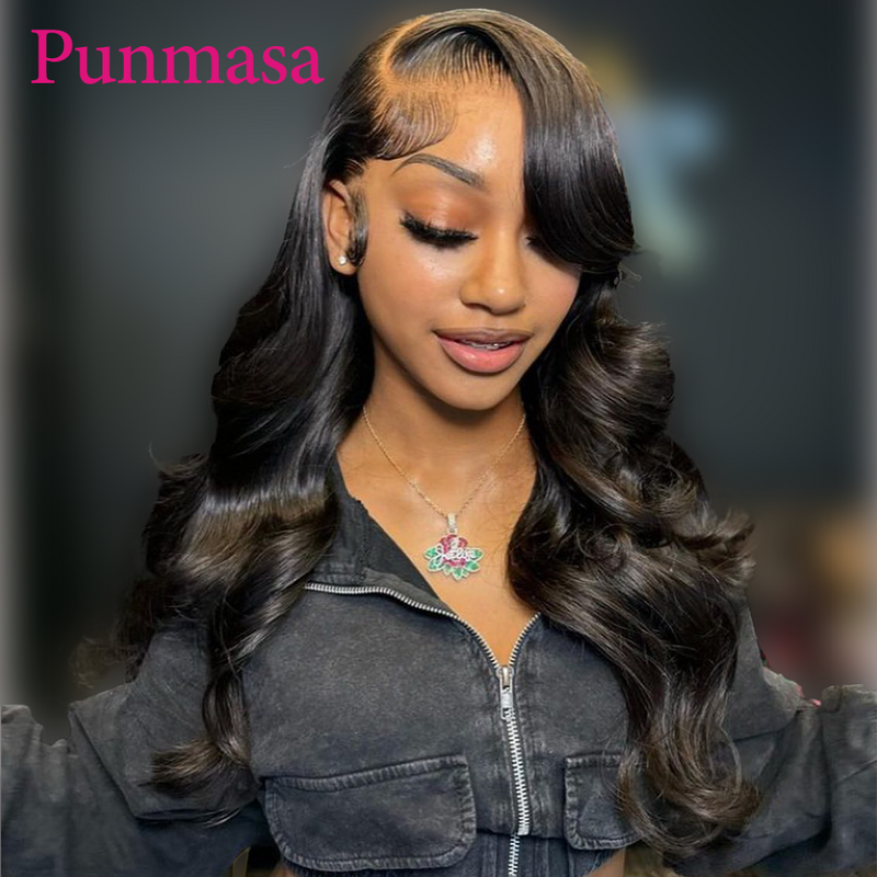 Punmasa-Peluca de cabello humano con encaje frontal sin pegamento, Color morado Borgoña oscuro, onda corporal 13x6, 13x4, transparente, 200%