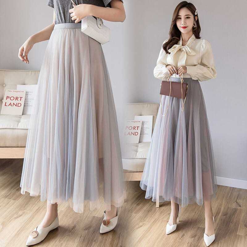 Mesh Skirt Women's Half Skirt Spring and Summer New Fairy Gauze Skirt Versatile Mid Length High Waisted Pleated Skirt
